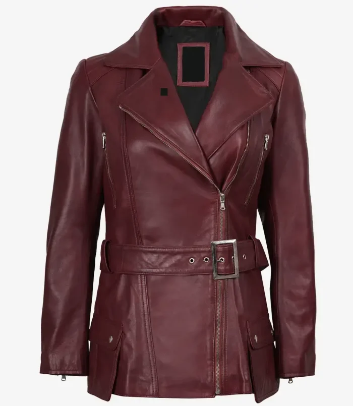 Women's Asymmetrical Maroon Belted Biker Style Leather Jacket