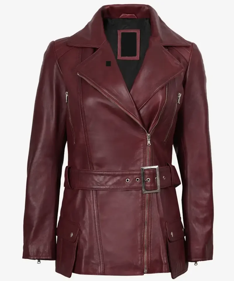 Women's Asymmetrical Maroon Belted Biker Style Leather Jacket