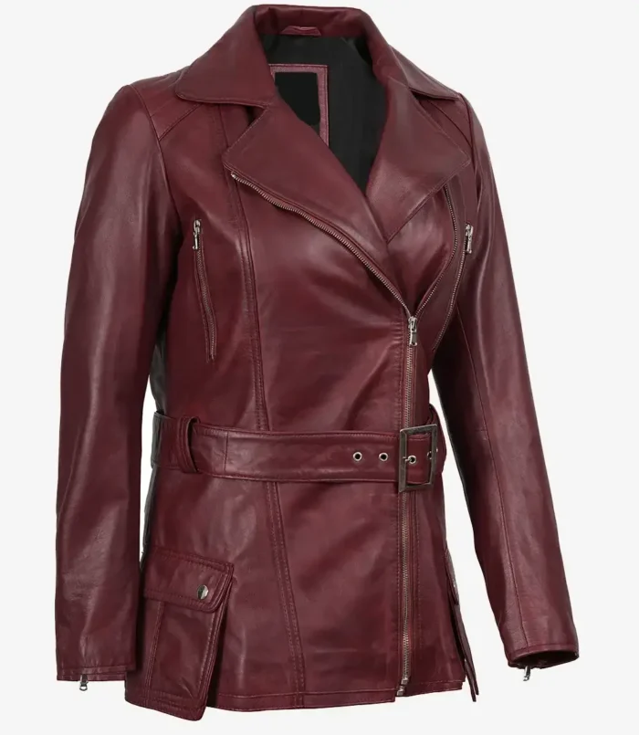 Women's Asymmetrical Maroon Belted Biker Style Leather Jacket