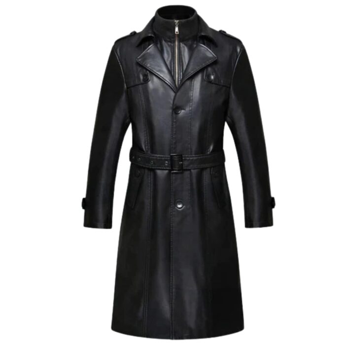 Men's Sheepskin Long Black Leather Trench Coat