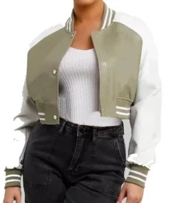 Women’s Adele Olive Green and White Leather Varsity Jacket