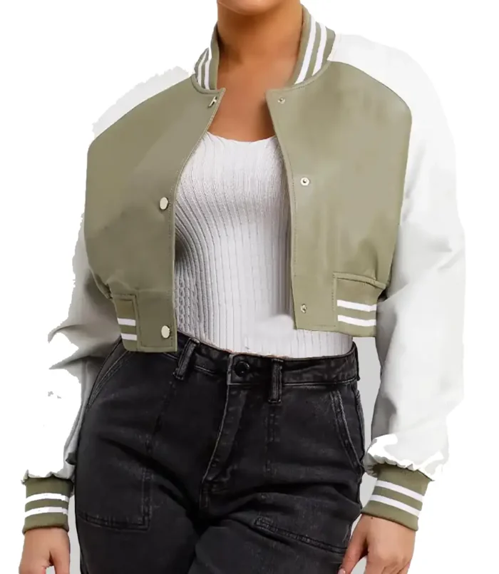 Women’s Adele Olive Green and White Leather Varsity Jacket