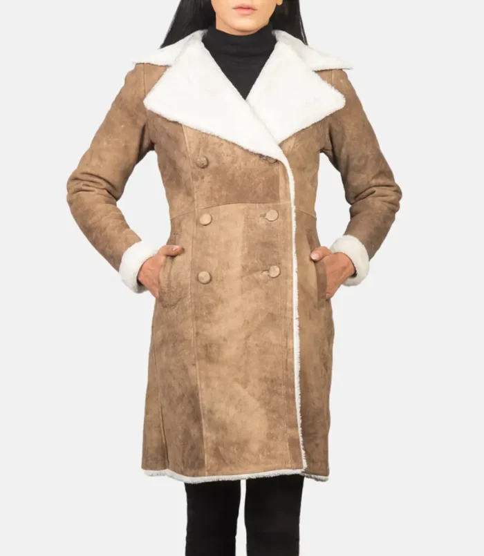 Women's Amie Distressed Brown Double Breasted Shearling Coat