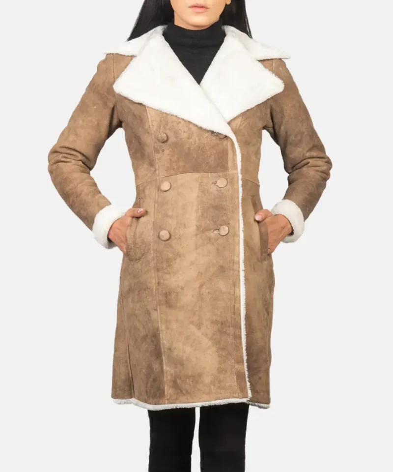 Women's Amie Distressed Brown Double Breasted Shearling Coat