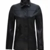Women's Black Zipper Button Closure 3 4 Length Leather Car Coat