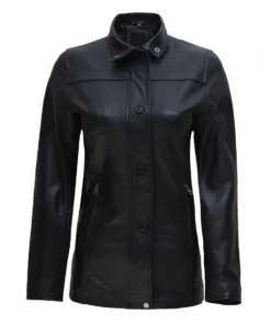 Women's Black Zipper Button Closure 3 4 Length Leather Car Coat