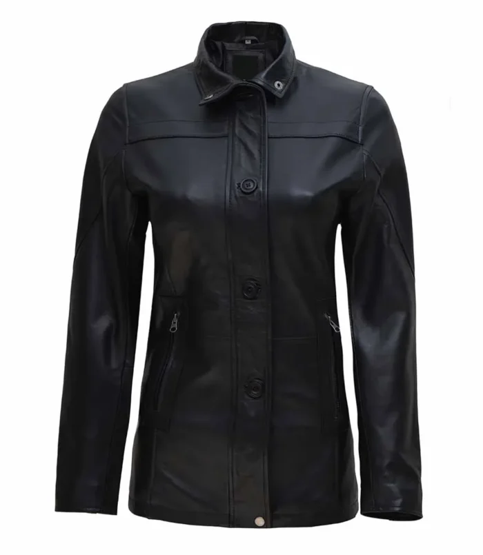 Women's Black Zipper Button Closure 3 4 Length Leather Car Coat