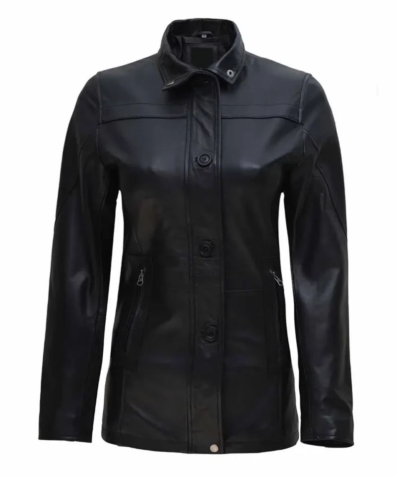 Women's Black Zipper Button Closure 3 4 Length Leather Car Coat