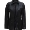 Women's Black Zipper Button Closure 3 4 Length Leather Car Coat
