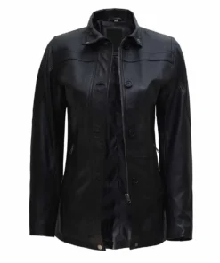 Women's Black Zipper Button Closure 3 4 Length Leather Car Coat