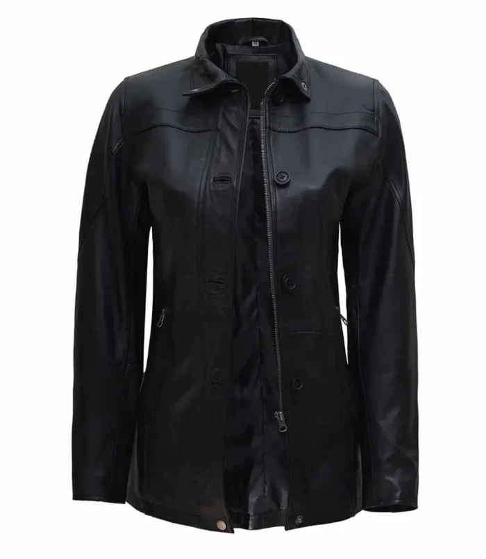 Women's Black Zipper Button Closure 3 4 Length Leather Car Coat