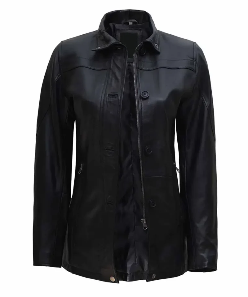 Women's Black Zipper Button Closure 3 4 Length Leather Car Coat