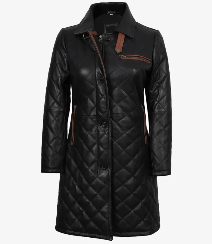 Women's Glen Black Quilted Real Leather Car Coat