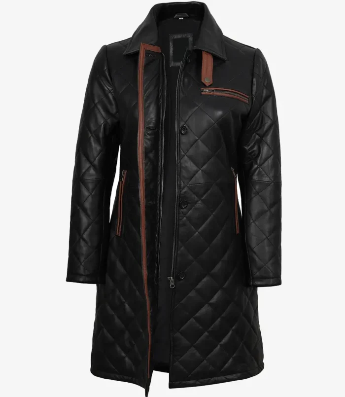 Women's Glen Black Quilted Real Leather Car Coat
