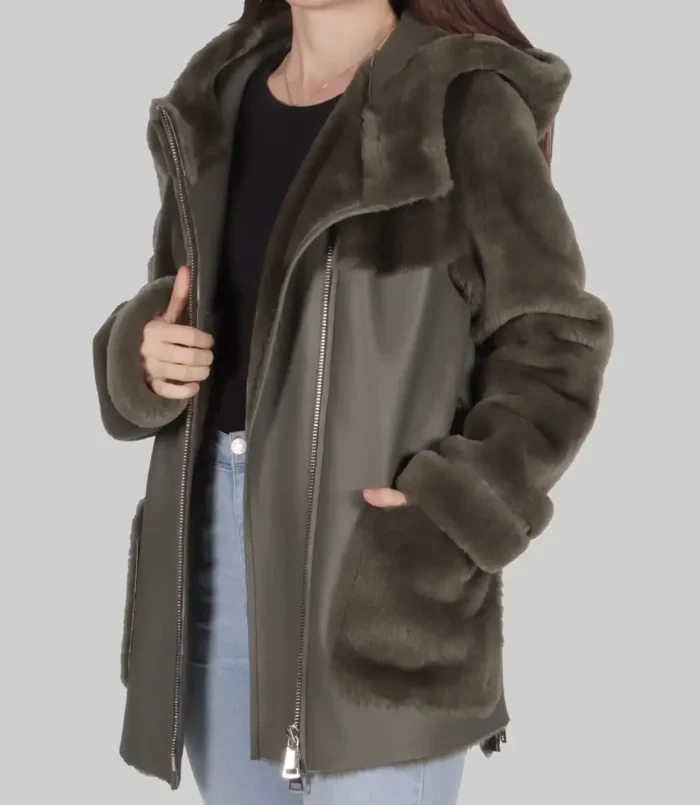 Women's Jenny Olive Green Shearling Leather Jacket
