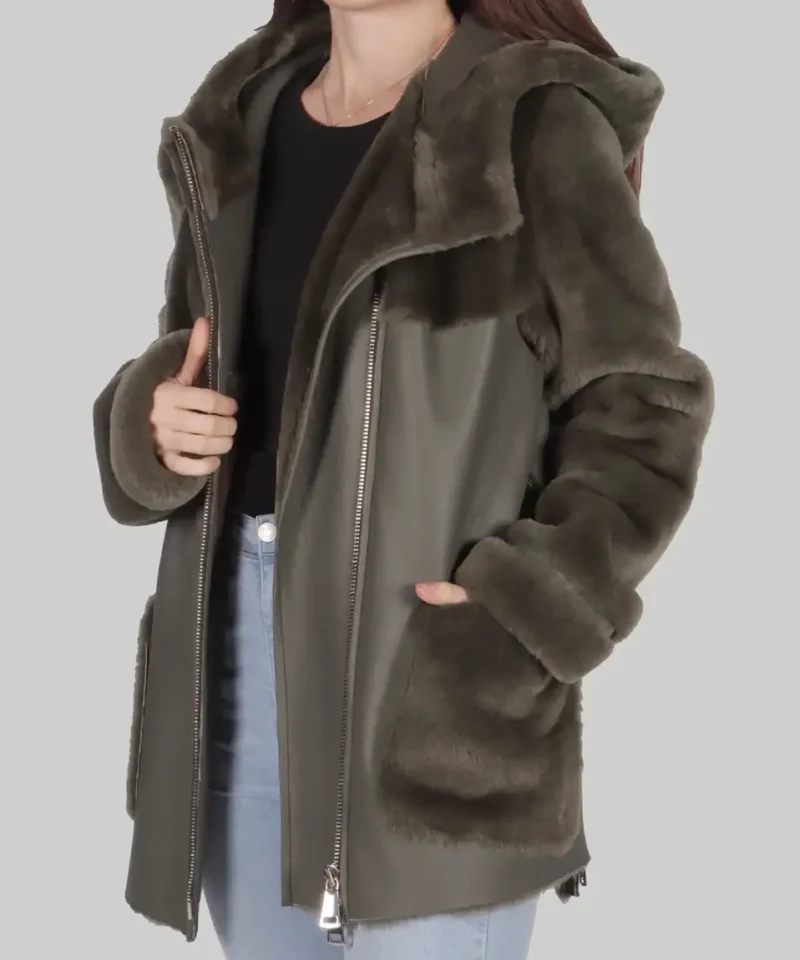 Women's Jenny Olive Green Shearling Leather Jacket