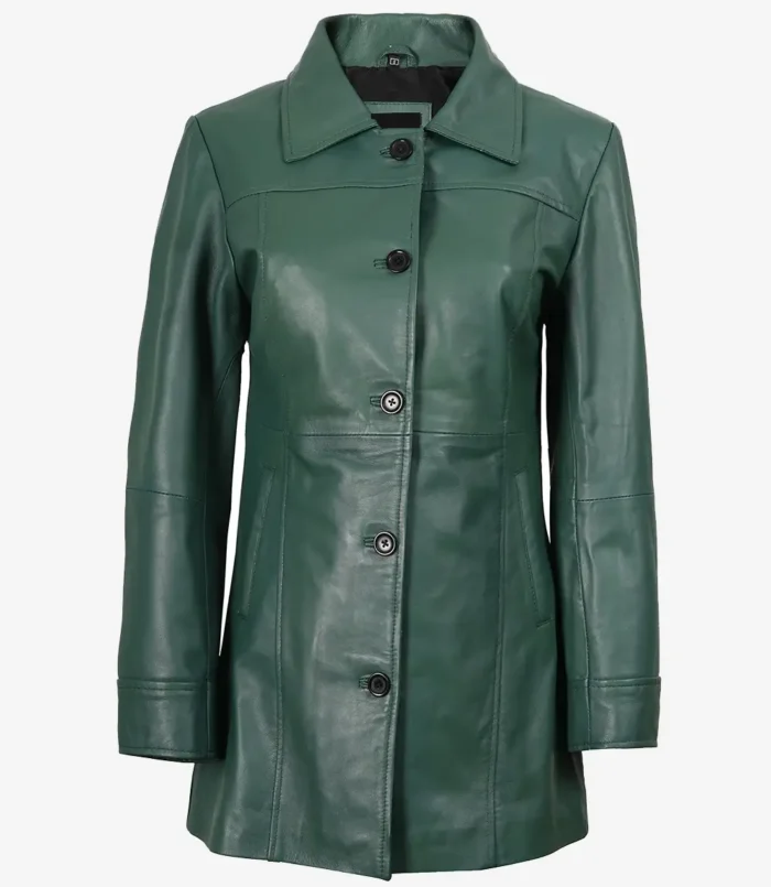 Women's Kandis Green Real Leather Car Coat