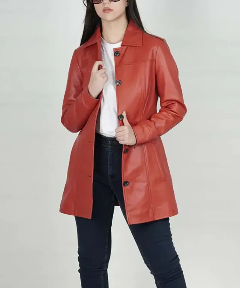 Women's Kandis Red Real Leather Car Coat