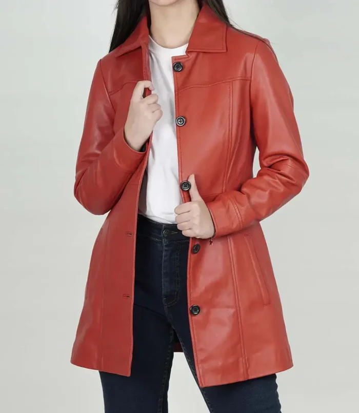 Women's Kandis Red Real Leather Car Coat