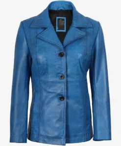 Women's Katie Blue Leather 3/4 Length Car Coat