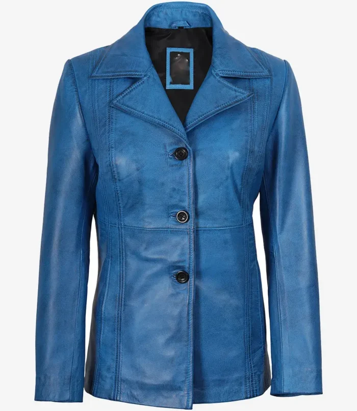 Women's Katie Blue Leather 3/4 Length Car Coat