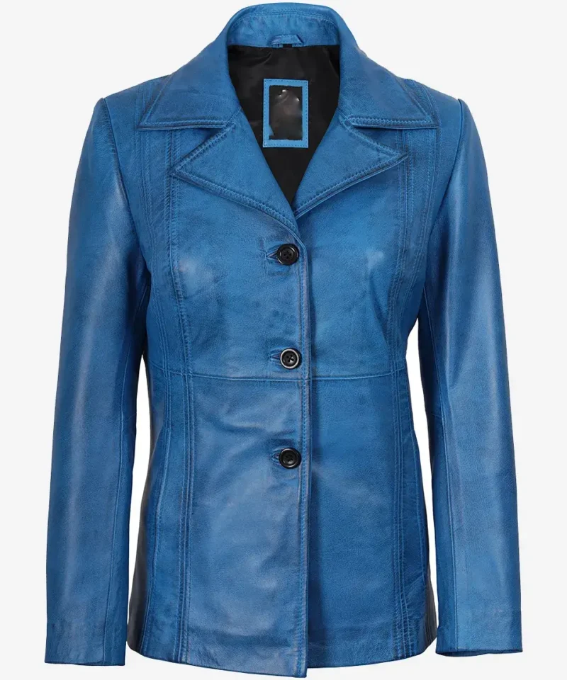 Women's Katie Blue Leather 3/4 Length Car Coat