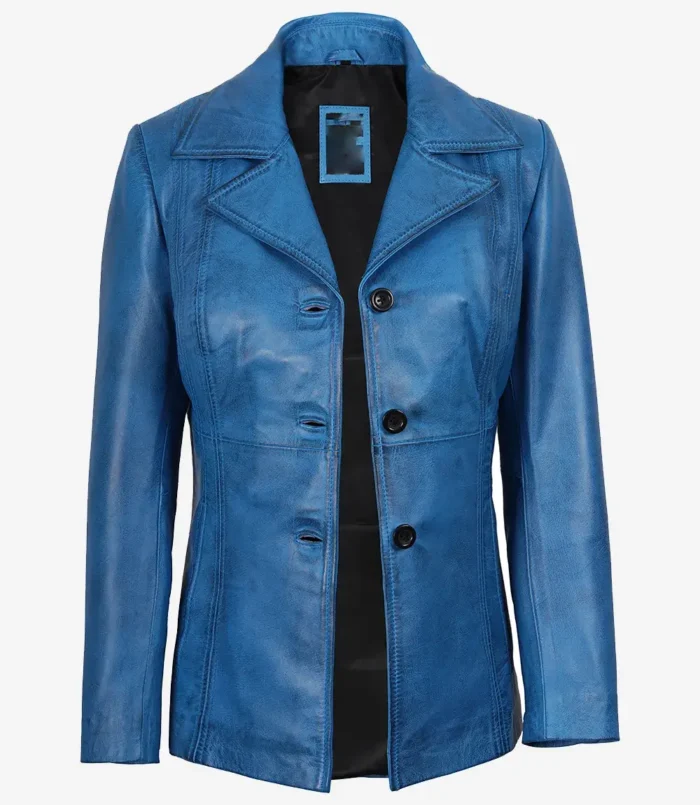 Women's Katie Blue Leather 3/4 Length Car Coat