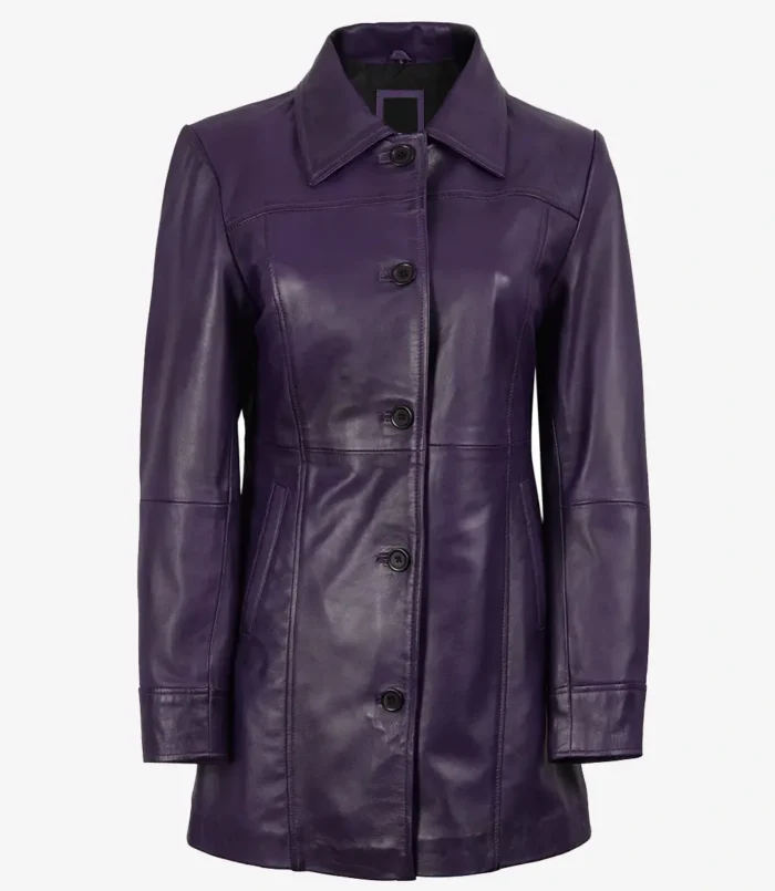 Women's Leather Purple 3/4 Length Car Coat