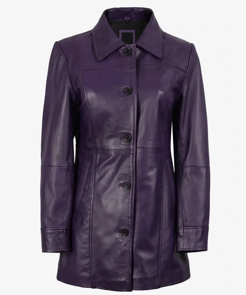 Women's Leather Purple 3/4 Length Car Coat