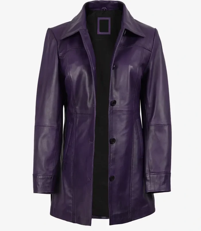 Women's Leather Purple 3/4 Length Car Coat