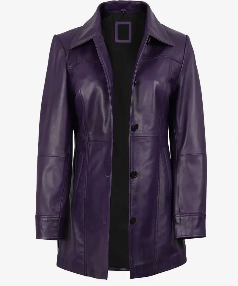 Women's Leather Purple 3/4 Length Car Coat