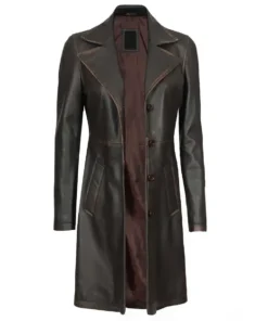 Women's Wide Lapel Long Leather Car Coat 3/4 Length