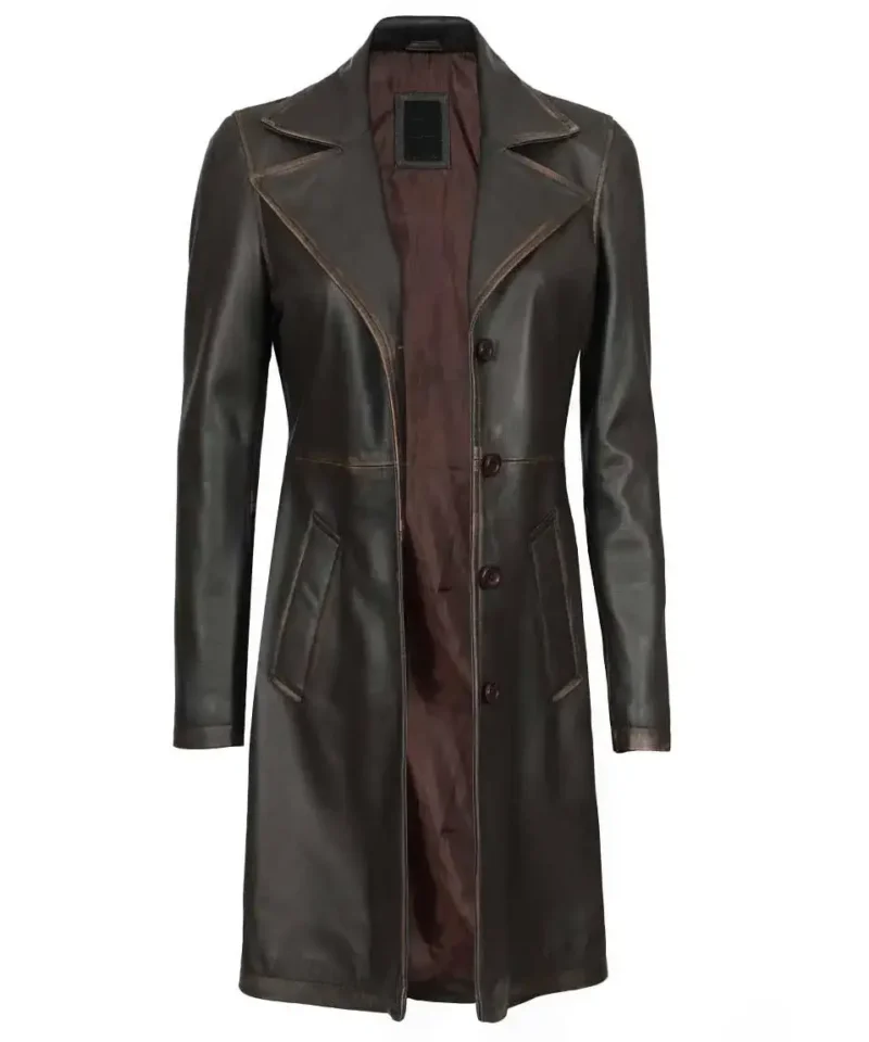 Women's Wide Lapel Long Leather Car Coat 3/4 Length