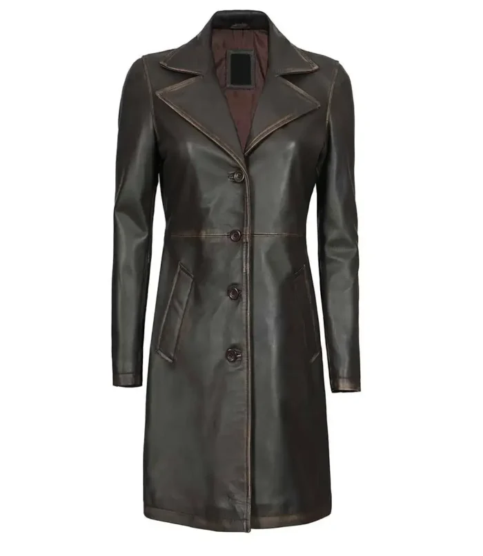 Women's Wide Lapel Long Leather Car Coat 3/4 Length