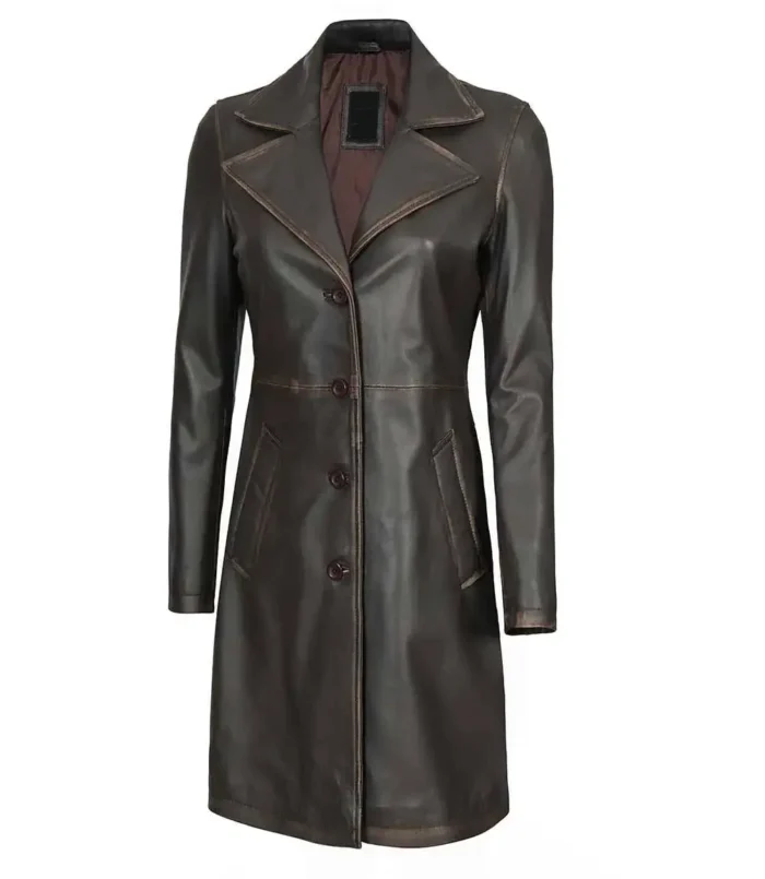 Women's Wide Lapel Long Leather Car Coat 3/4 Length