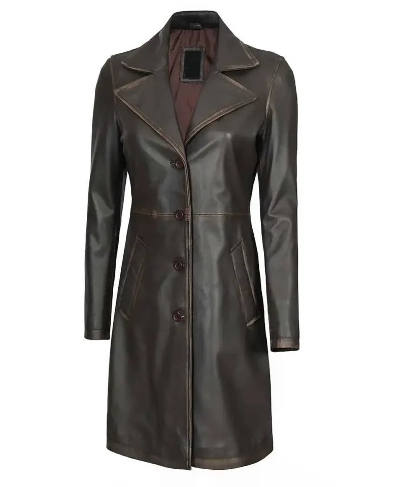 Women's Wide Lapel Long Leather Car Coat 3/4 Length