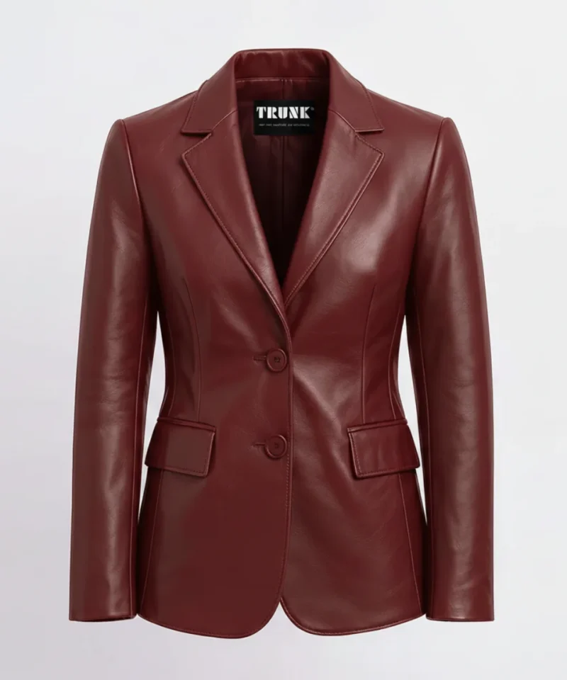 Women’s Two Button Maroon Lambskin Leather Blazer
