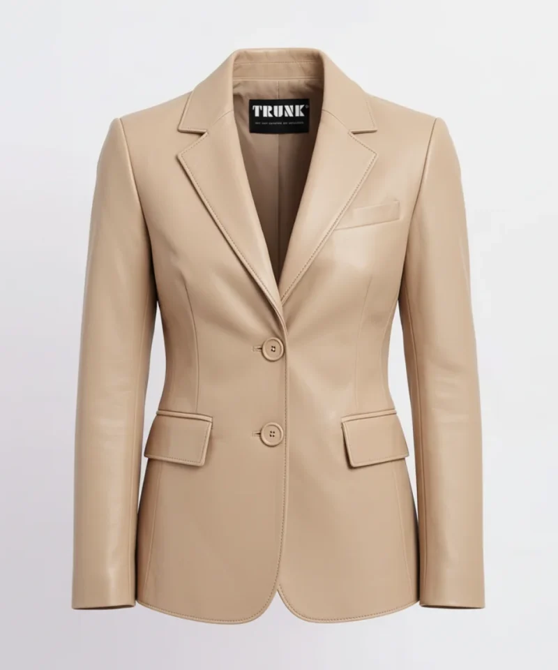 Women’s Two Button Beige Lambskin Leather Blazer