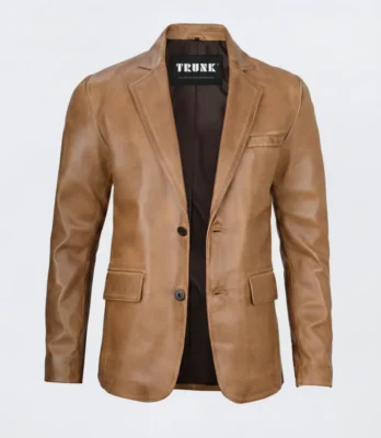 Men’s Two Button Camel Brown Lambskin Leather Blazer