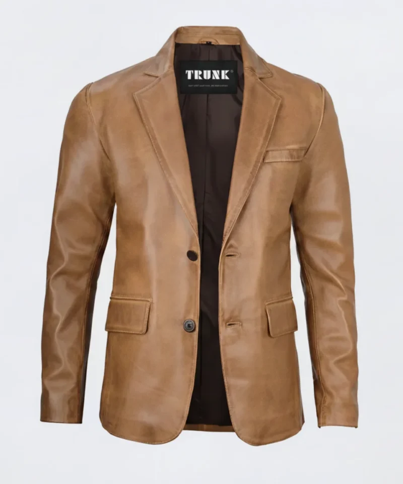 Men’s Two Button Camel Brown Lambskin Leather Blazer