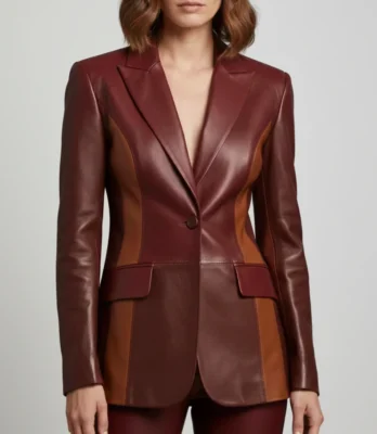 Women's Burgundy Two Tone Lambskin Leather Blazer