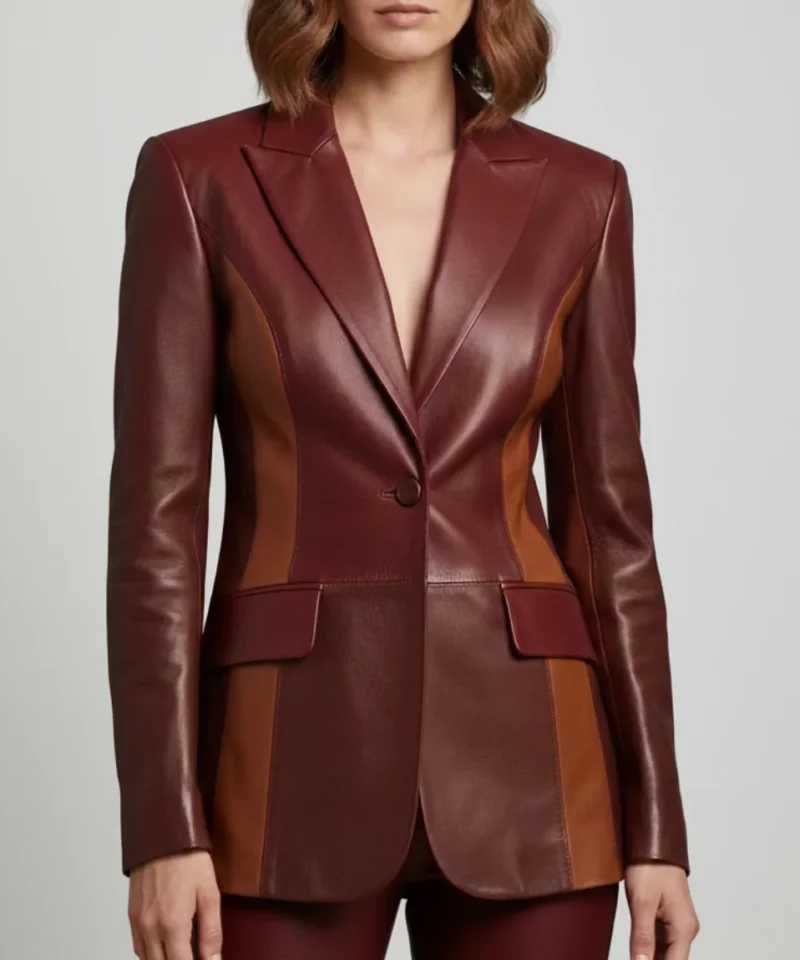 Women's Burgundy Two Tone Lambskin Leather Blazer